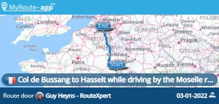 From Col de Bussang to Hasselt while driving by the Moselle river and crossing the Ardennes (511 km)