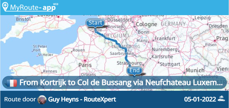 From Kortrijk to Col de Bussang via Neufchateau Luxemburg and Lorraine      (559 km)